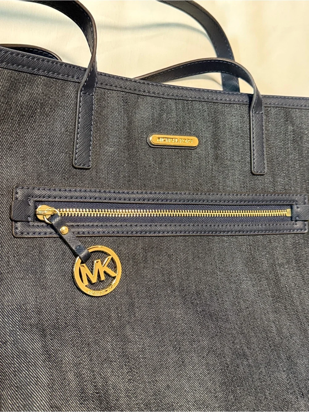 Michael Kors Denim Tote Bag Navy Blue Large Zip Top Laptop Shoulder Bag - Picture 2 of 10